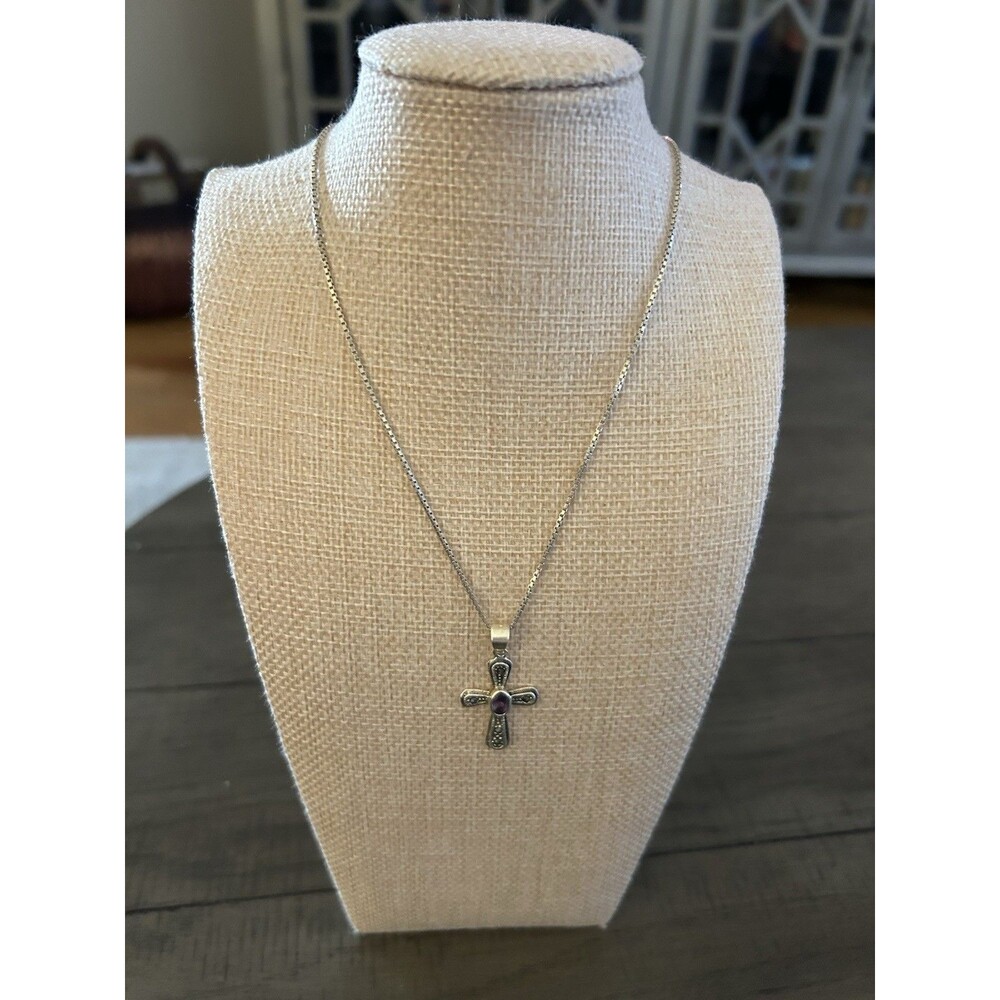 Vintage Sterling Silver Amethyst And Marcasite Cross On 18 Inch Sterling Chain